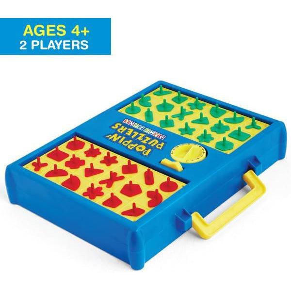 game is a box with two yellow sections in recesses, layout is simmilar to the game perfection with a timer in the middle and shaped holes to fit the pieces into before time runs out