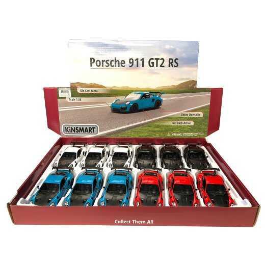 image shows the shipment box of 12 porche's blue, white, black and red. the model toys pull back to move