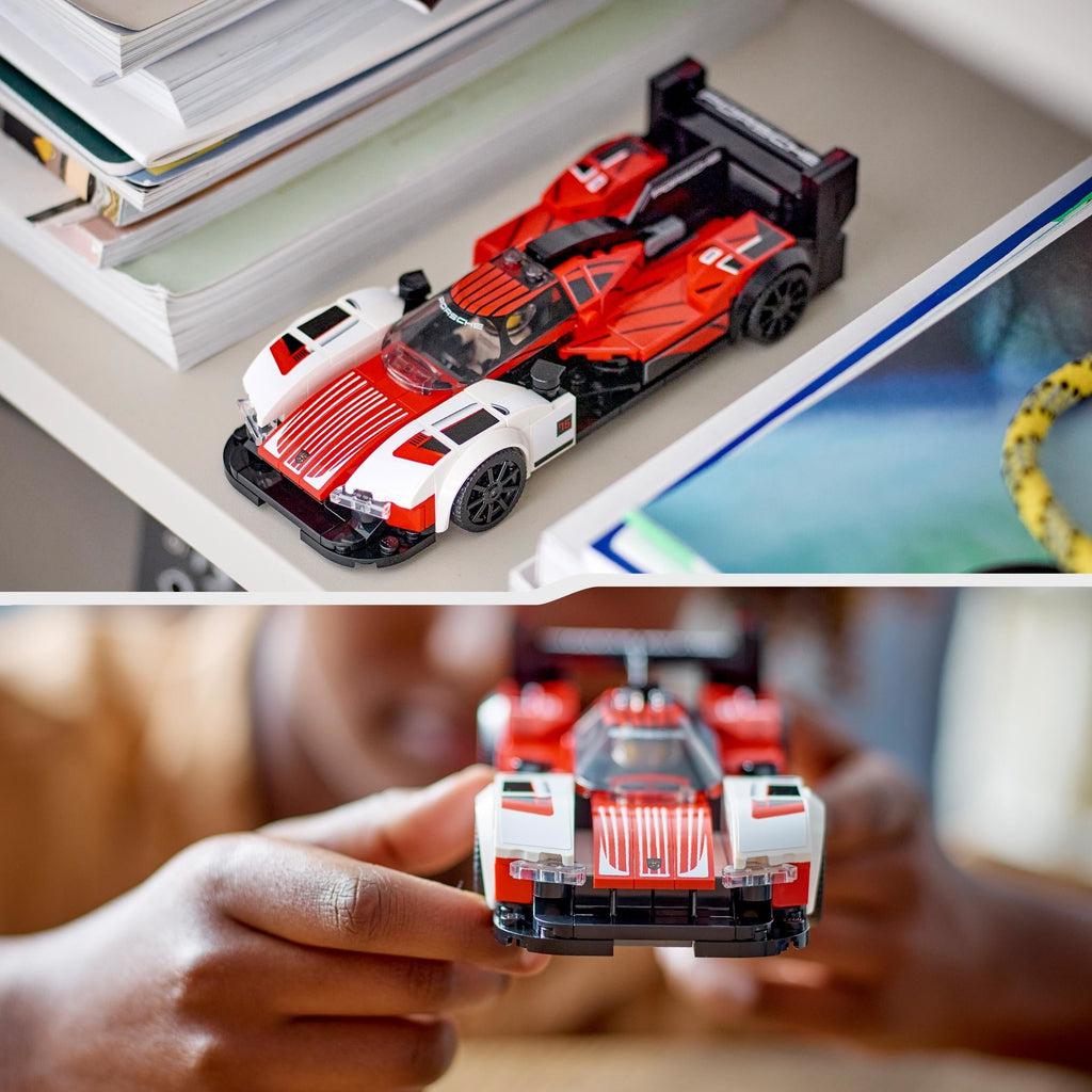 lego car displayed on a a shelf shown above another image of a child examining the finished model.