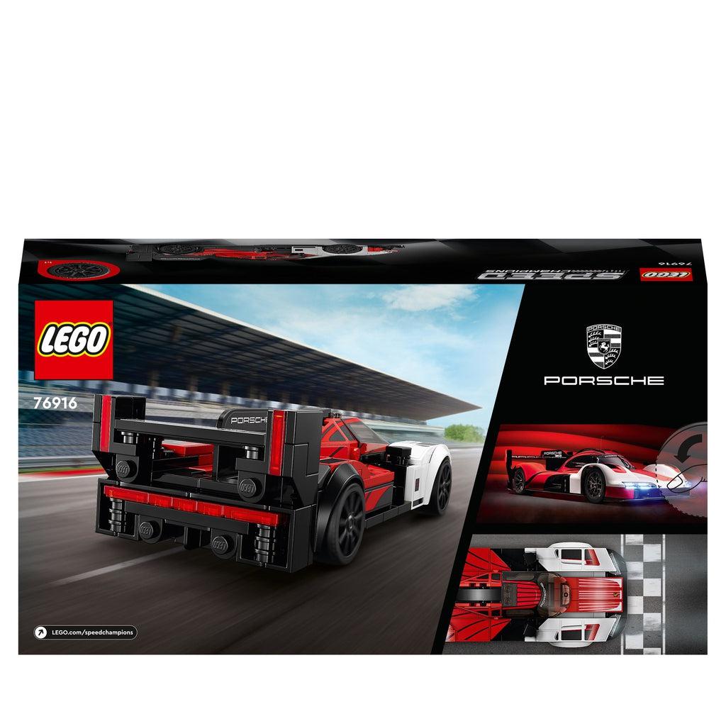 back of the box shows the lego car from various angles on a race track