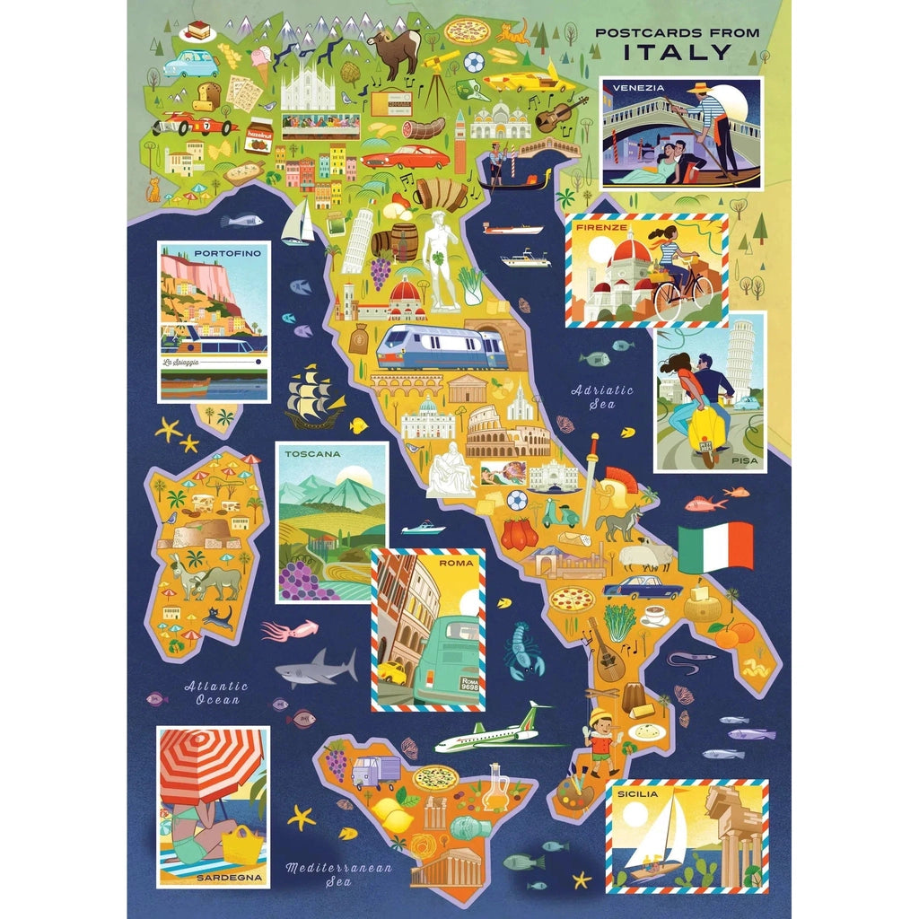 The puzzle is an illustrated map of Italy with pictures of postcards from different cities in Italy surrounding it. Italy is filled with cartoonish pictures of different objects, landmarks, animals, and foods.