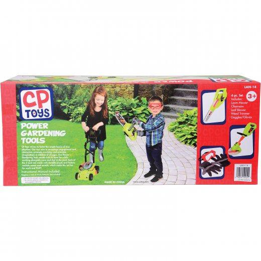 this image shows the box cover for the tools, there is a boy holding a chain saw ans a girl mowing the lawn with the pretend toys