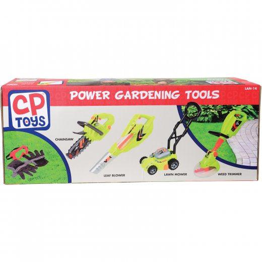 the back of the box shows all 4 tools they are lime green and oragne. there are gloves and goggles that come with the tools too