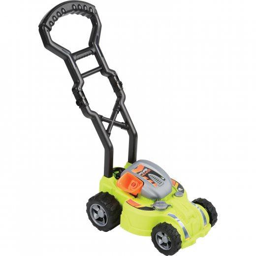 image of the plastic lawn mower. The mower is green with oragnge attachments and a black handle. 