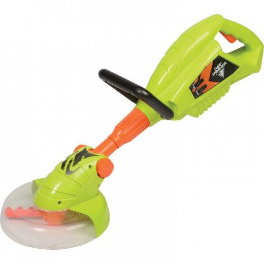 image shows the weed trimmer. it is lime green with an oragne blade. all plastic and pretend