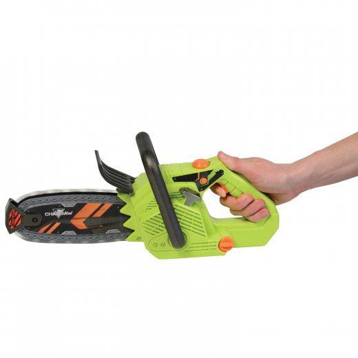 image shows a lime green chain saw with black blades. the blades are fake and plastic and will not cut
