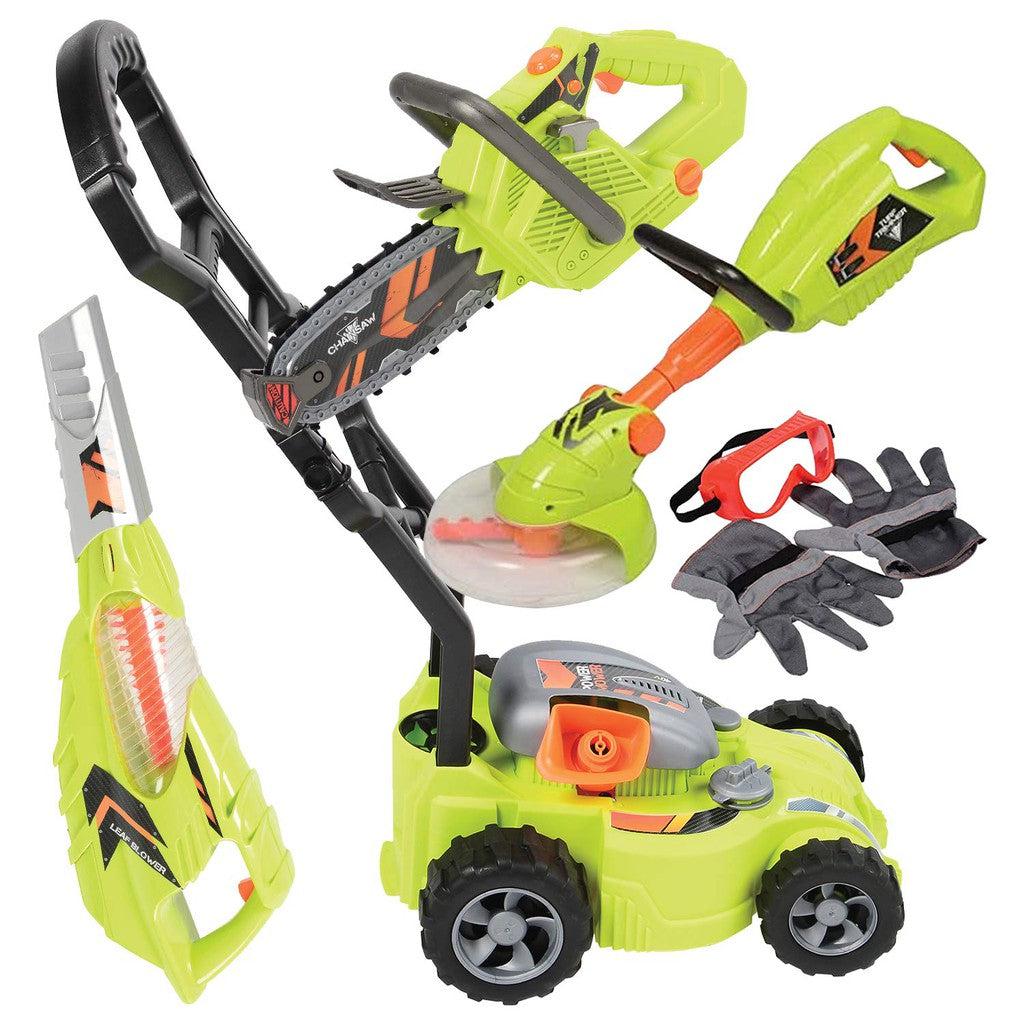 this image shows the power gardening pretend toys, from a leaf blower, lawn mower, chain saw, and weed wacker. 