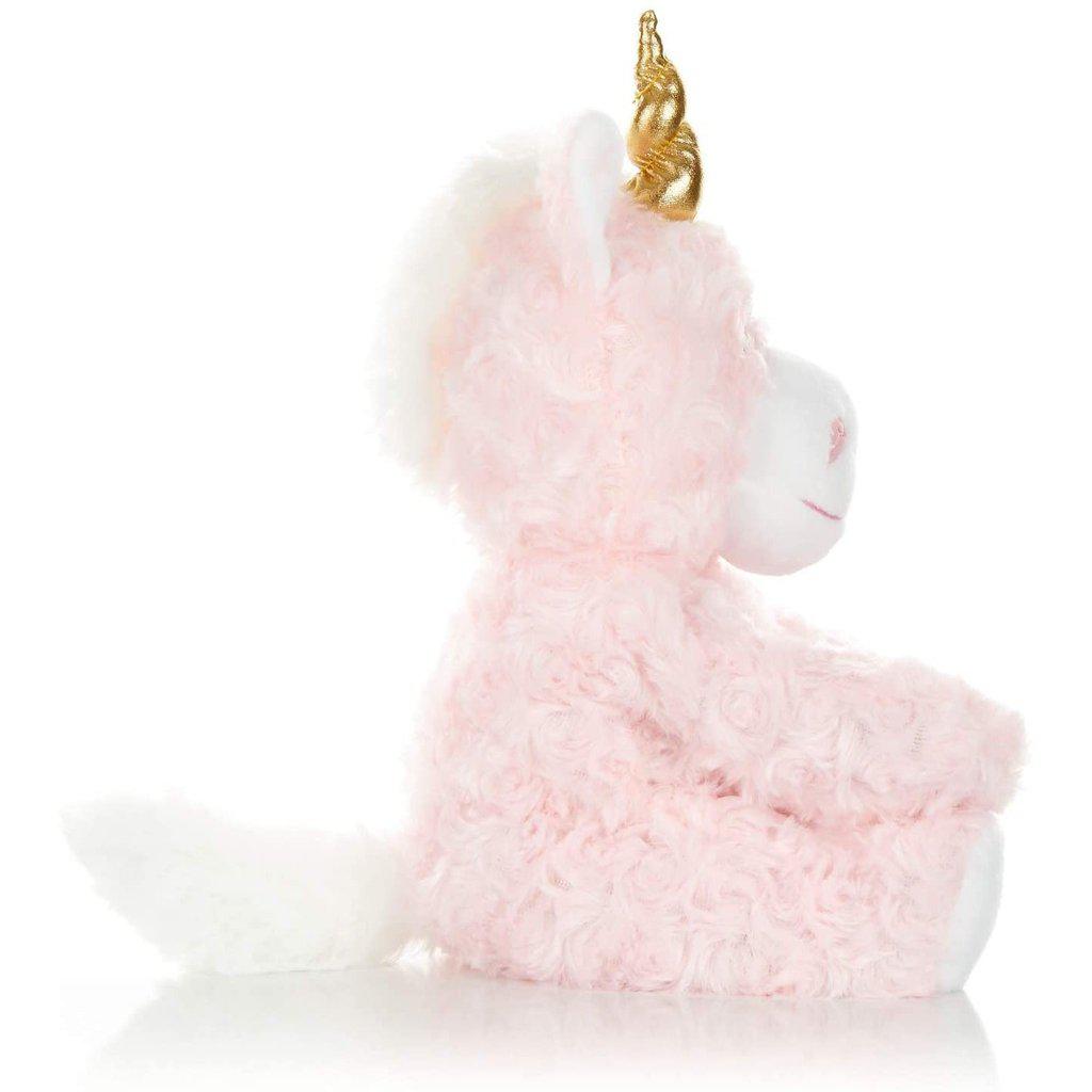 Side view of the plush. Shows that the unicorn has a long tail coming from the back