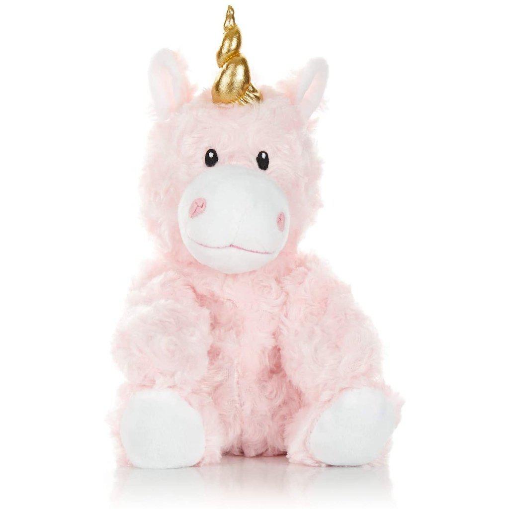 Image of the Princess Unicorn Warm Pal plush. It is a baby pink and white plush with a golden shiny horn.