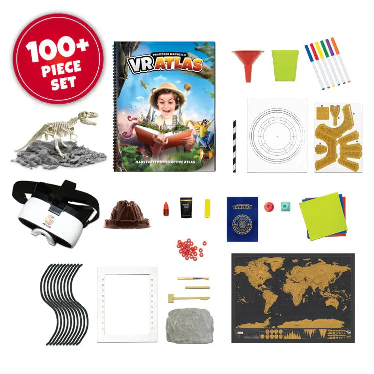 image shows the atlas book, markers, origami paper, fake passport, a map and more