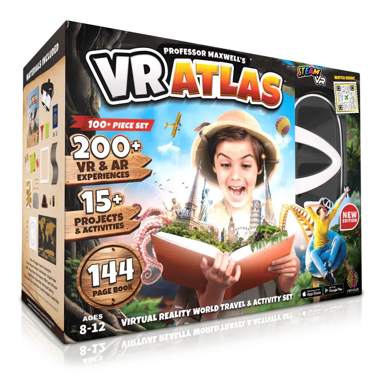 image shows the vr atlas. a 100 piece set with 200+ vr & ar experience. the box shows a hid with an explorer hat on holding a book open that shows parts of the world like the statue of liberty and the leaning tower of piza.  