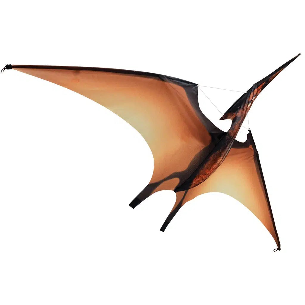 Image shows the Pterodactyl with its wings unfurled. the kite is modeled after a dinosaur with  a muddy red look