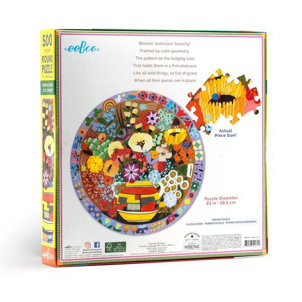 this image shows the back of the box, as well as some puzzle pieces placed together. the finished puzzle is round, and the puzzle pieces fit together to round out and curve. 