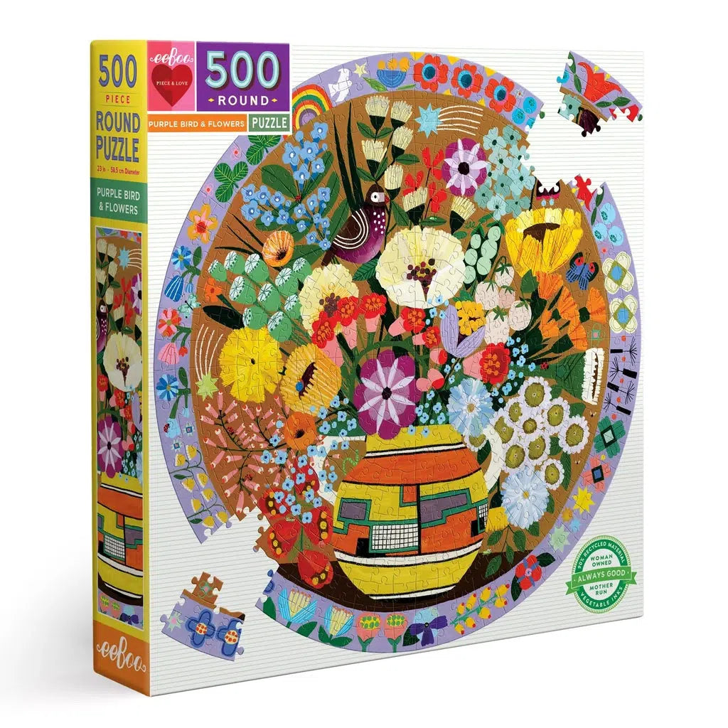 this image shows a round jigsaw puzzle shkowsing off a wide assortment of flowers and a purple bid in the center. the art is like a mosiac