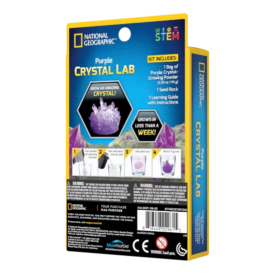 this image shows the back of the purple crystal lab box. grow an amazing crystal, grows in less than a week is written on the back, pour instructions are also printed on the back, showing to add the powder, then water, and in a week you will have a crystal