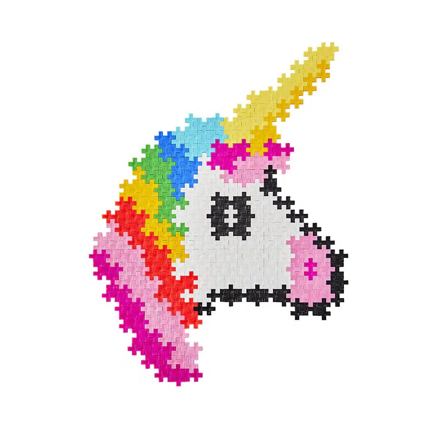 Image of the fully built unicorn puzzle with a rainbow mane. It is made from lots of tiny plastic double cross-shaped puzzle pieces that interlock.