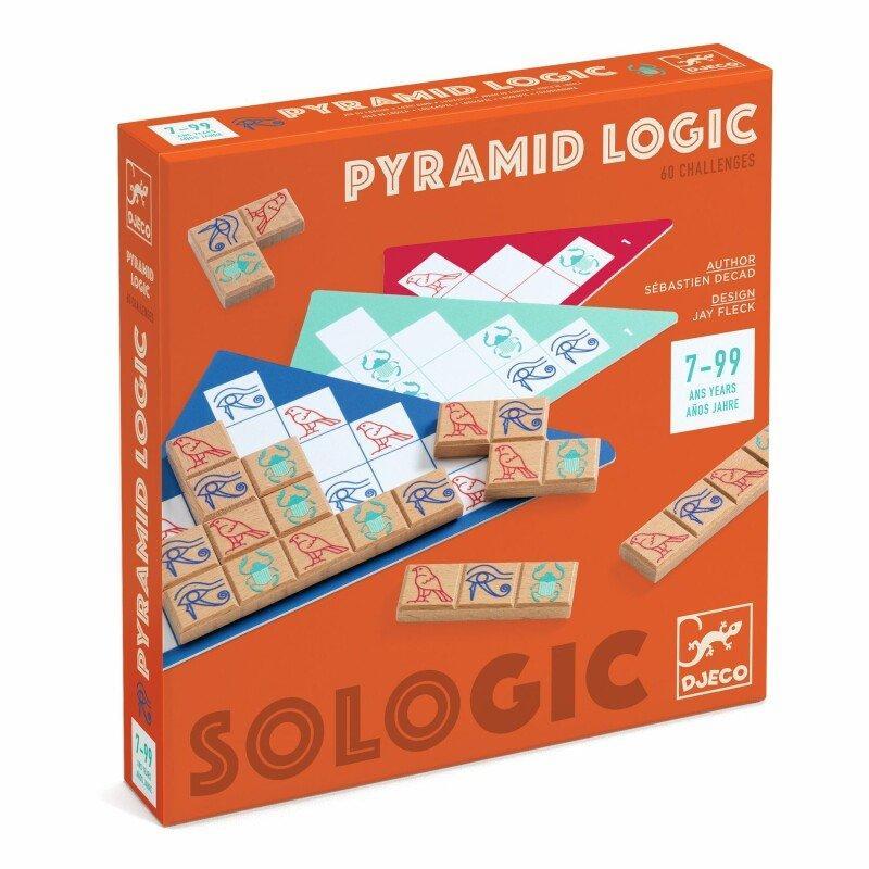 A Pyramid Logic puzzle box by Djeco, designed for ages 7-99, features wooden pieces with captivating animal designs and includes 40 challenges to solve. The brand name and author's name are clearly visible on the packaging. This game promises hours of engaging fun and developmental benefits.