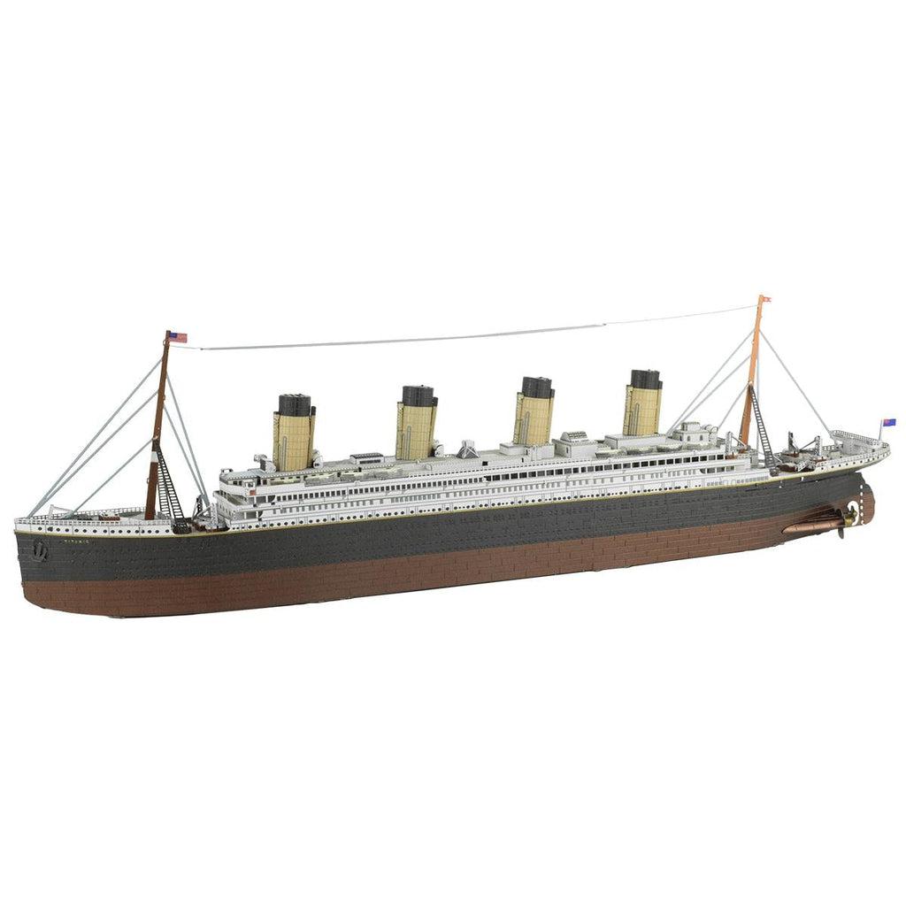 Image of the RMS Titanic model. It is an accurate model of the famous ship complete with four smoke stacks, accurate black, red, and gold painting, lookout towers, and not enough life boats.