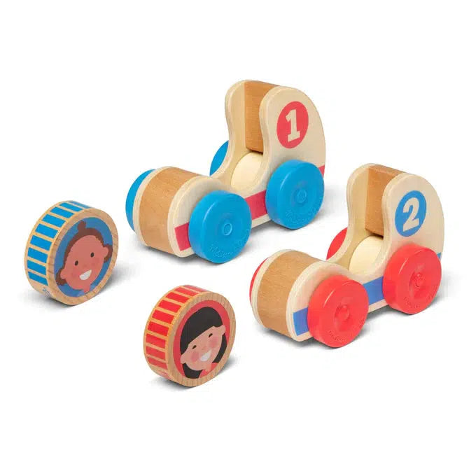 Shows that the character disks are removable from the cars and they are reversible to show a different person on the other side.  