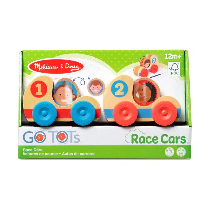 Image of the packaging for the Race Cars GO TOTS toy. Part of the front is cut out/covered in clear plastic so you can see and touch the toy inside.