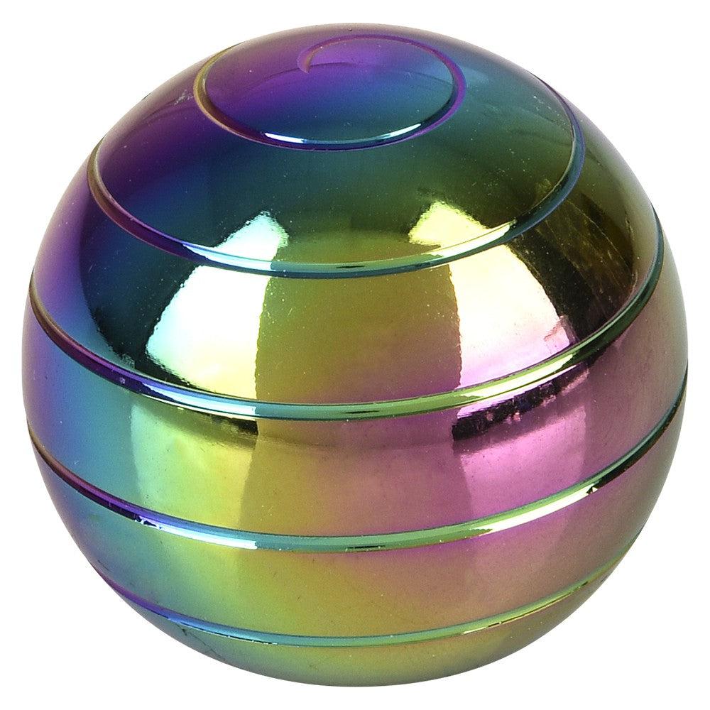 image shows a sphere gyroscope that can spin. there is a screw design to add to the spinning fun