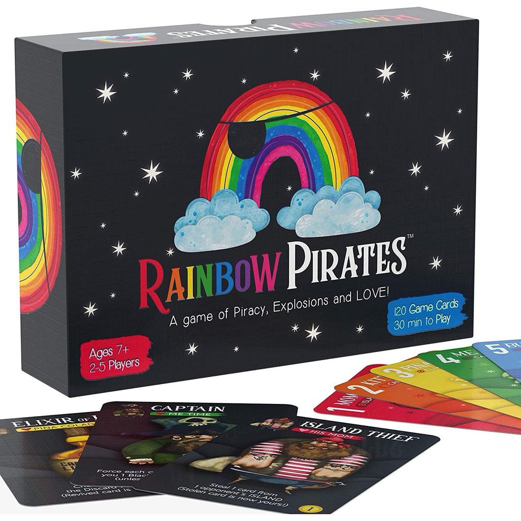 Image of the box for the Rainbow Pirates game. The front has a drawing of a rainbow with an eye patch surrounded by stars.