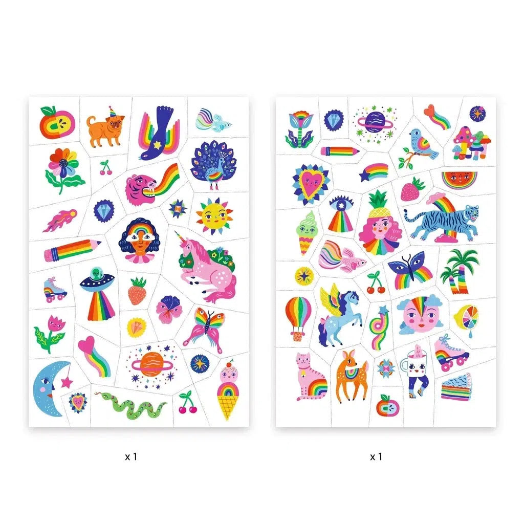 The set comes with two sheets of all different tattoos. All of them are either themed after rainbows, unicorns, or foods.