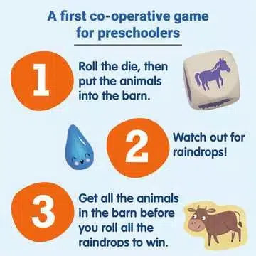 how to play, roll the die, watch out for raindrops, get all the animals inside to win