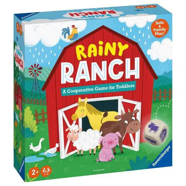Front of the box depicts barn animals coming out of a barn with rain clouds behind over fields