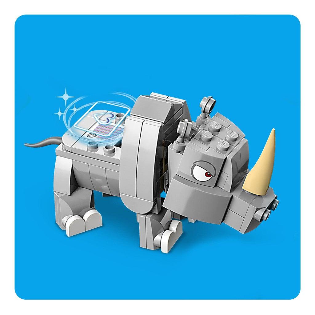 A LEGO Rambi the Rhino with horns on a blue background.