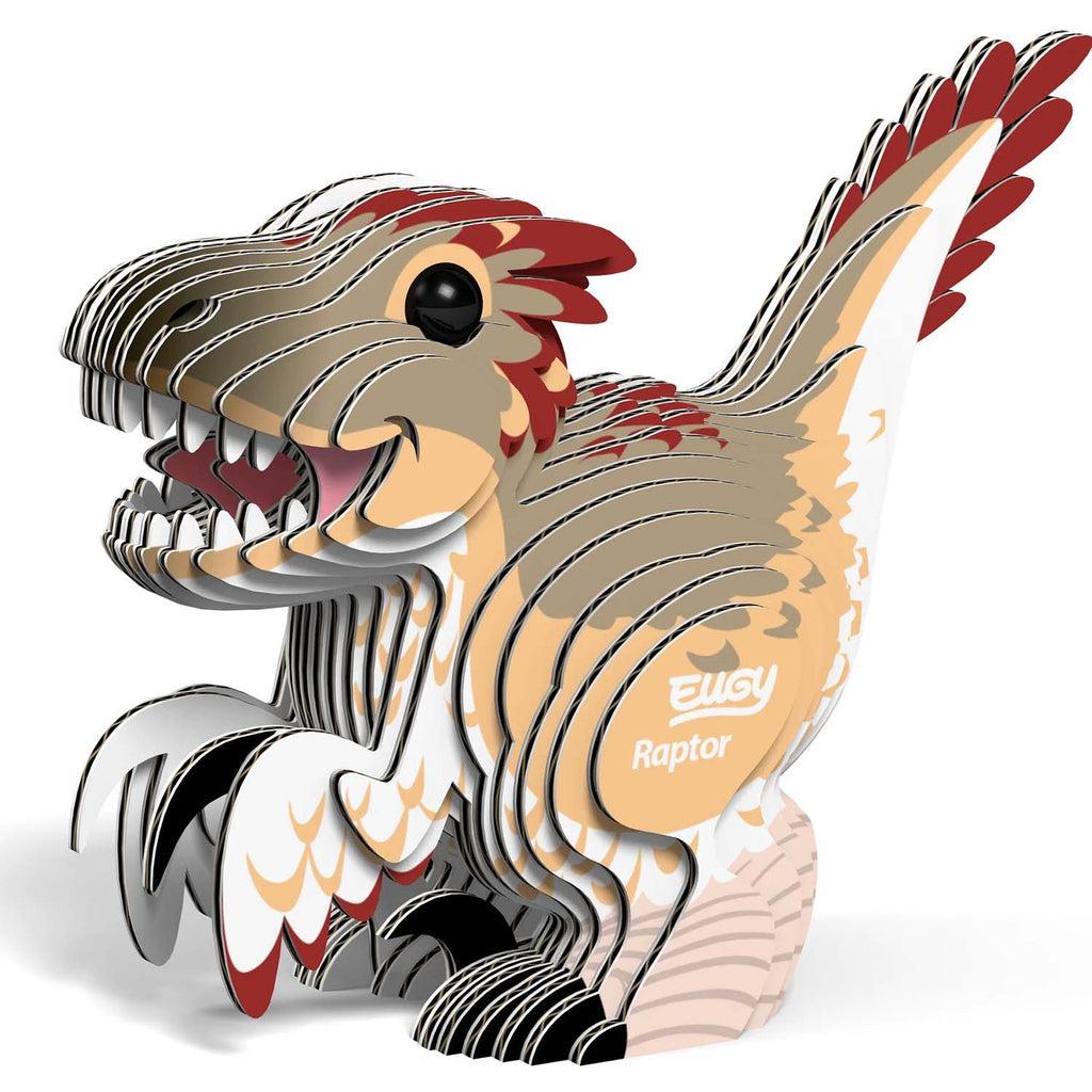 Image of the fully built raptor. It is tan, white, and brow colored with touches of red. It has a printed feather texture. He has his mouth open in a smile.