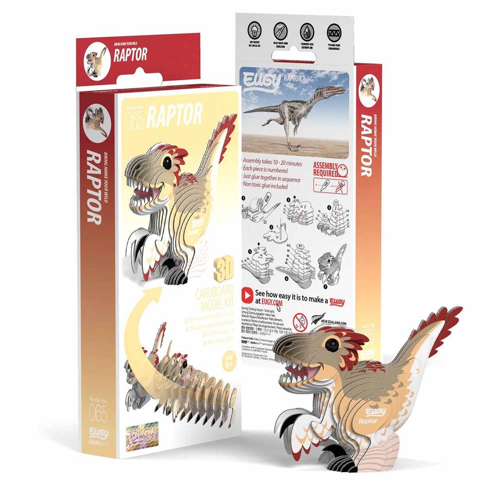 Image of the packaging for the Raptor Eugy. On the front is a picture showing all the layers that go into  making the animal.