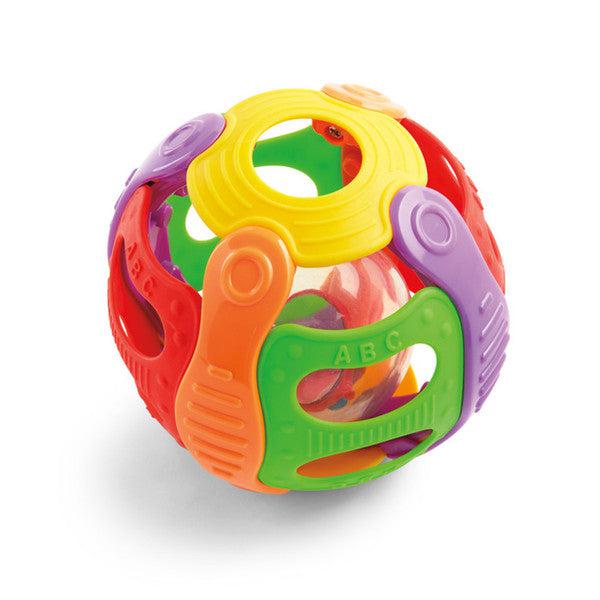 Image of the Rattle n' Roll Ball. It is a ball made from many different colored plastic strips that have different textures on them. Inside is another clear ball with objects inside that will make noise when it is rolled.