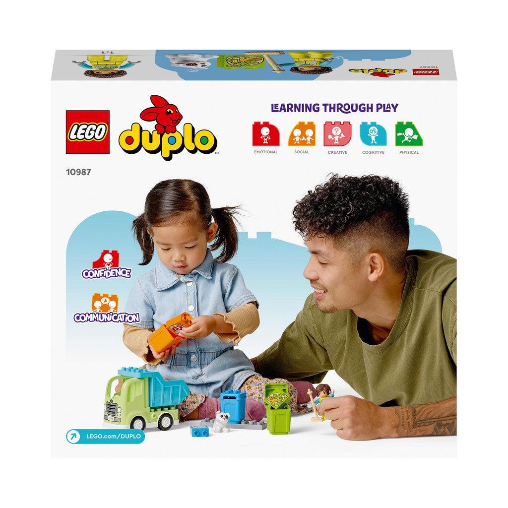 the back of the box shows a toddler playing with duplo blocks. 