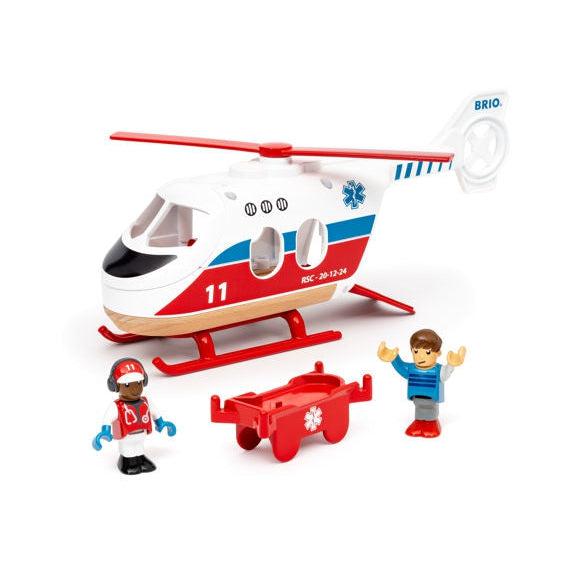 Image of the play set outside of the packaging. It comes with a white, red, and blue helicopter, a medical stretcher, a paramedic, and a civilian.