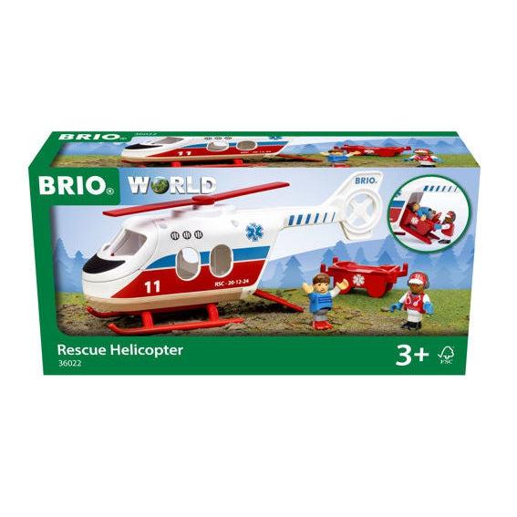 Image of the packaging for the Rescue Helicopter. On the front of the box is a picture of all the pieces in the play set.