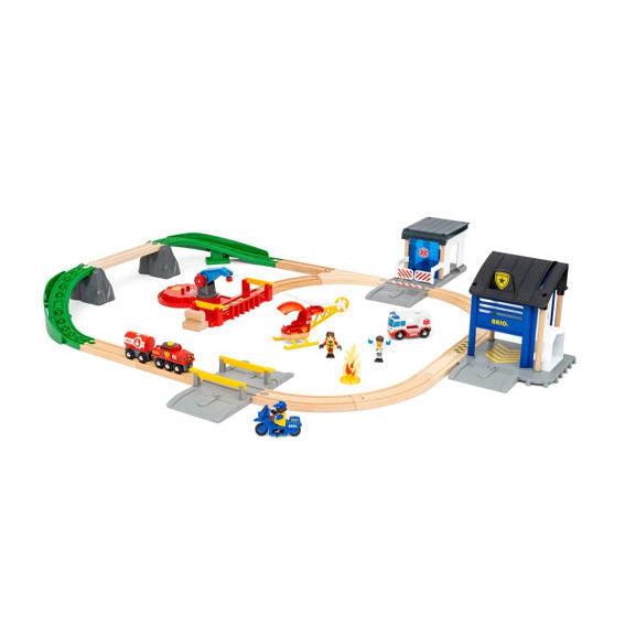 Image of the entire play set put together. It comes with a train track, multiple different stations, a train, a motorcycle, a helicopter, an ambulance, and minifigures.
