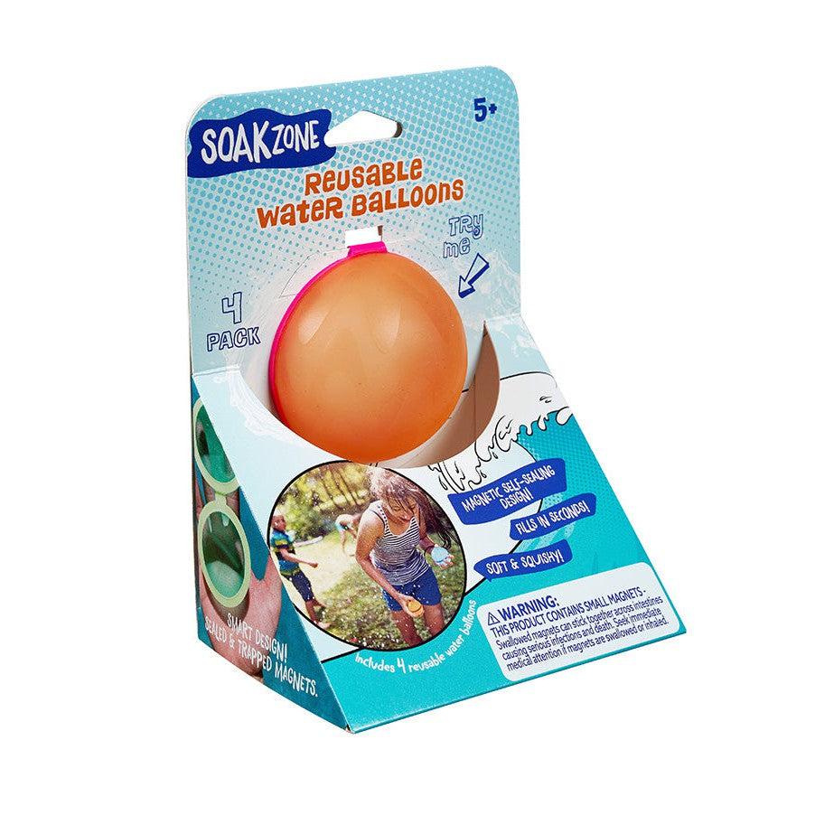 blue packaging with one of the water balloons visible. It's orange with a pink seam where it opens on impact and can be closed again after refilling