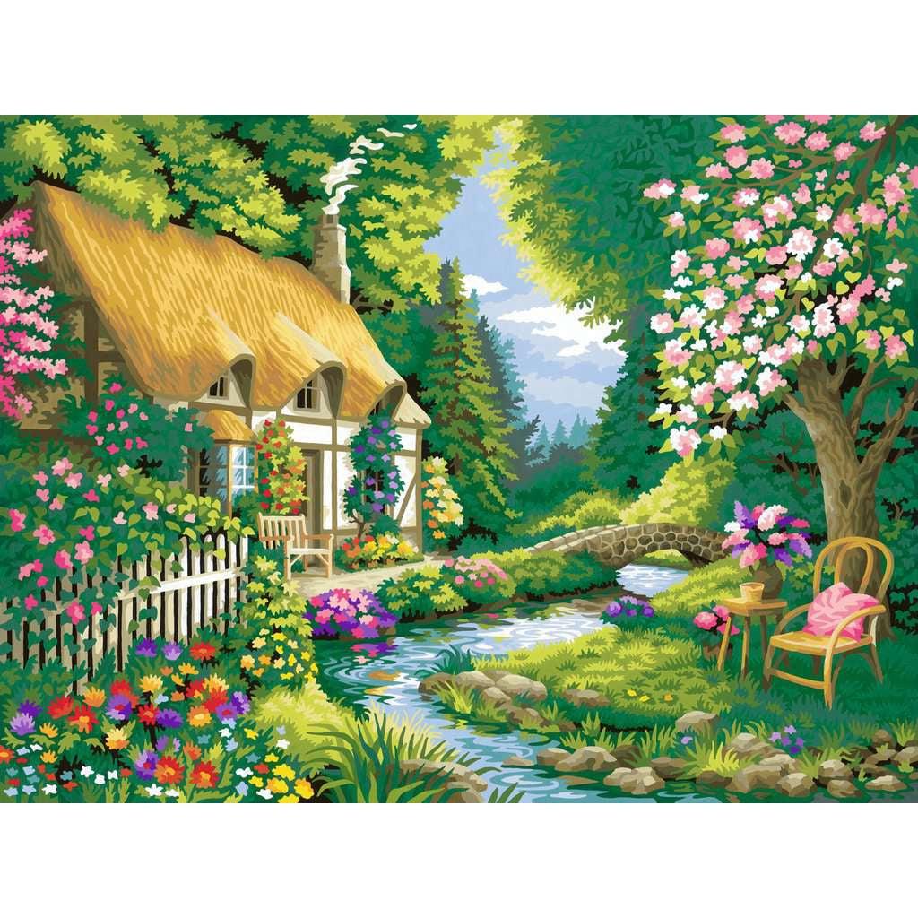 When the painting is complete, a vibrant garden of flowers is visible with colors of red, yellow, blues, and pinks. the forest trees give cozy shading to a lazy cloudy sky. 