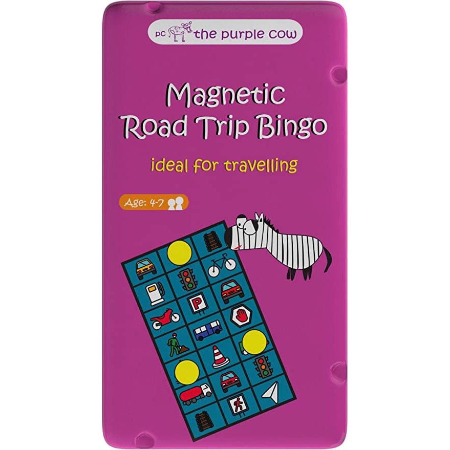 Image of the tin for the Road Trip Bingo TO GO game. On the front is an image of the bingo board with a cartoon zebra looking at it.
