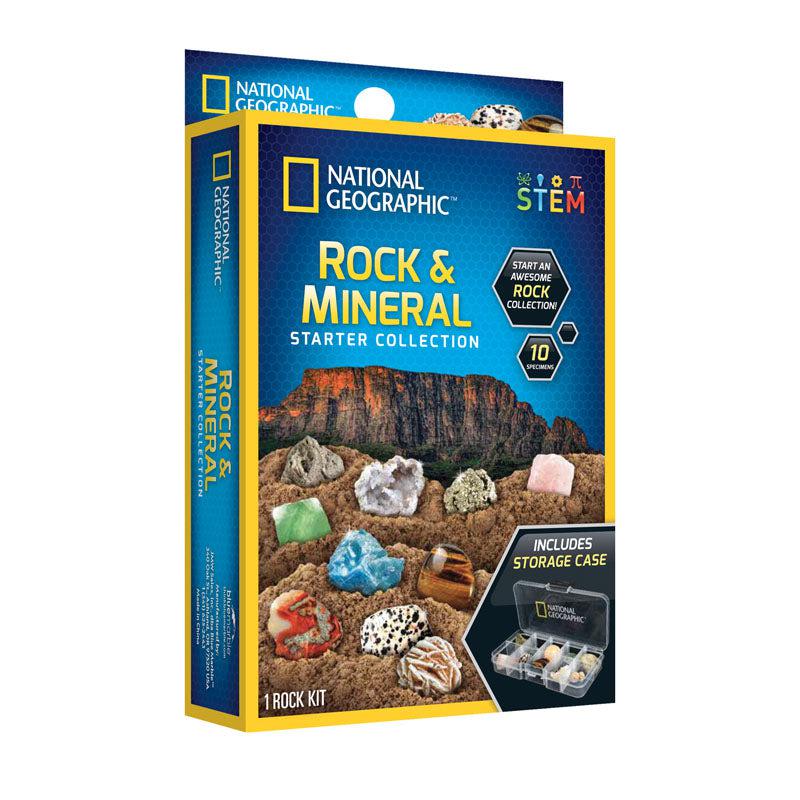 Image shows the box for the rock and mineral collection by national geographic. there are ten rocks and minerals, and a storage case inside, can you identify them all?