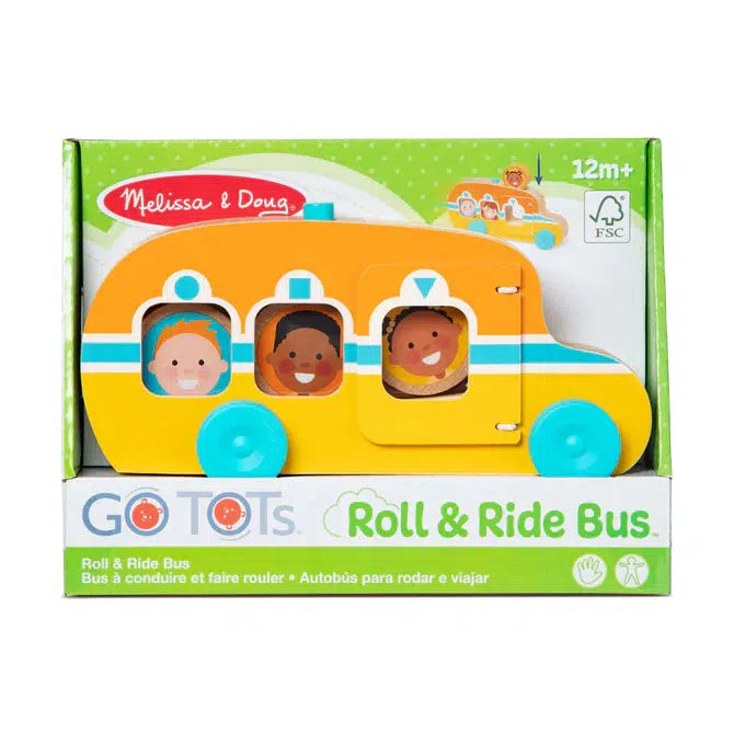 Image of the packaging for the Roll & Ride Bus GO TOTS toy. Part of the front is cut out so you can see and touch the toy inside.