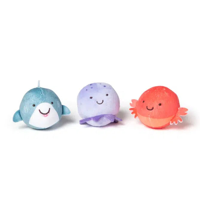 Image of the three included round beanbags. Each is themed after a sea creature. On is a shark, one is a jellyfish, and the last one is a crab.