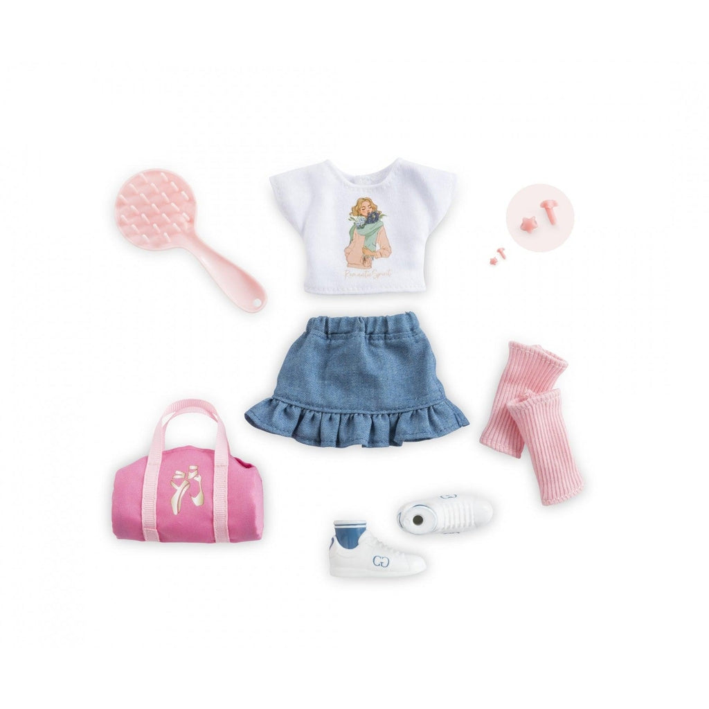 Image of all the included pieces. The set includes a white graphic t-shirt, a denim skirt, leg warmers, shows, a duffel bag, a hair brush, and star-shaped earrings.