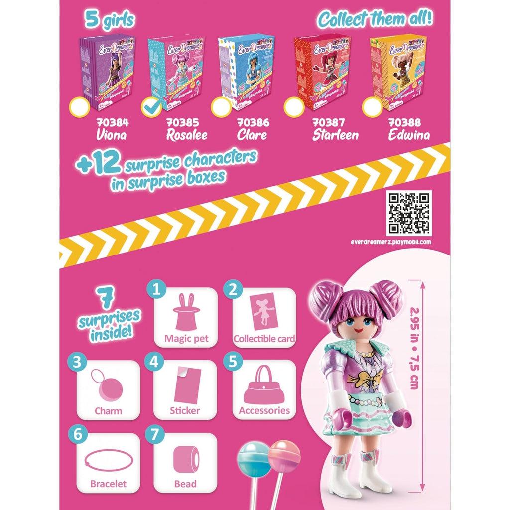 this picture shows the back of the box, featuring other boxes in the set to collect them all, and showing that the 7  surprises are a magic pet, collectible card, charm, sticker, accessories, bracelet and beads. 