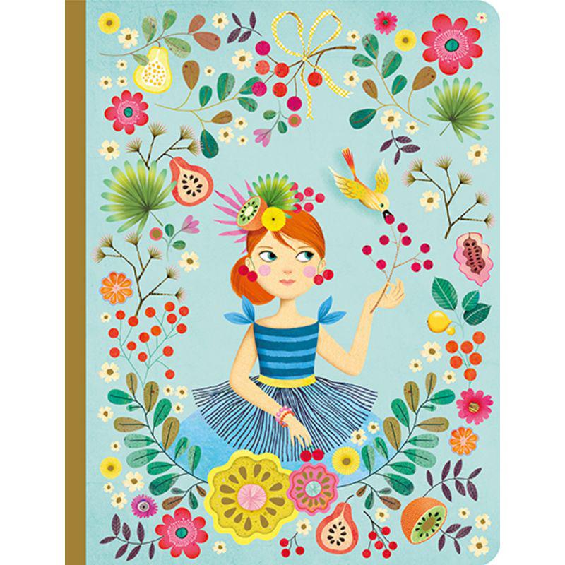 Image of the Rose Notebook. On the front is a picture of a red-headed girl surrounded by flowers and different fruits.
