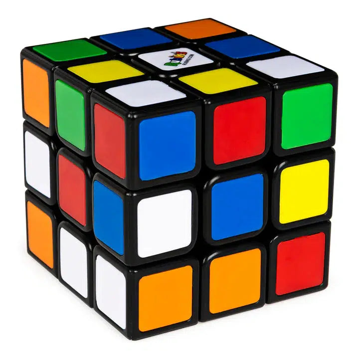 Shows the Rubik's Cube all mixed up. The cube's 6 colors are red, blue, white, orange, green, and yellow.