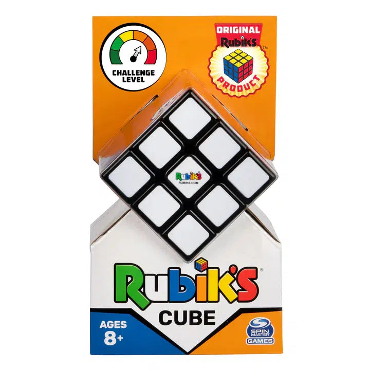 Image of the packaging for the Rubik's 3x3 Cube. The front is made from clear plastic so you can see the cube inside.