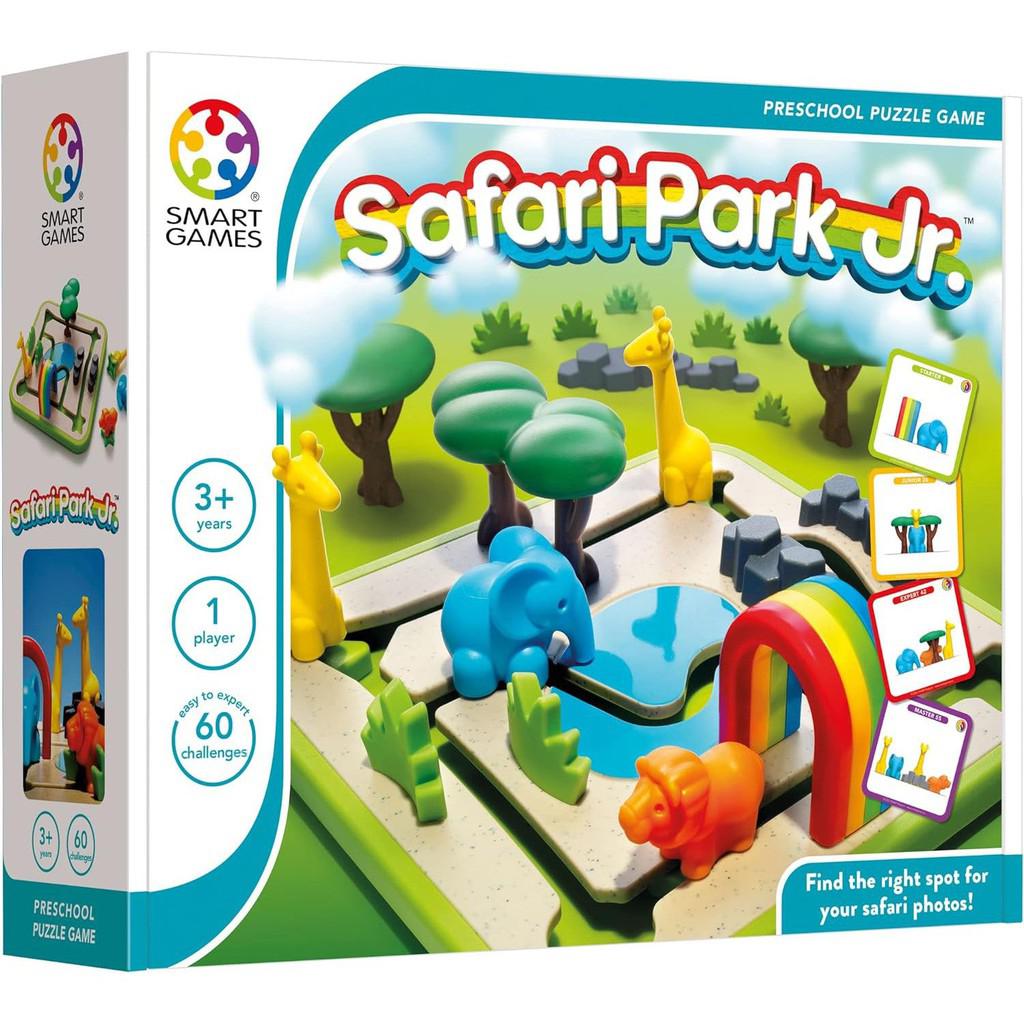 this image shows the box for safari park fr. Fight the right spot to take safari photos by moving animals around shown on the flash card. this is a preschool puzzle game