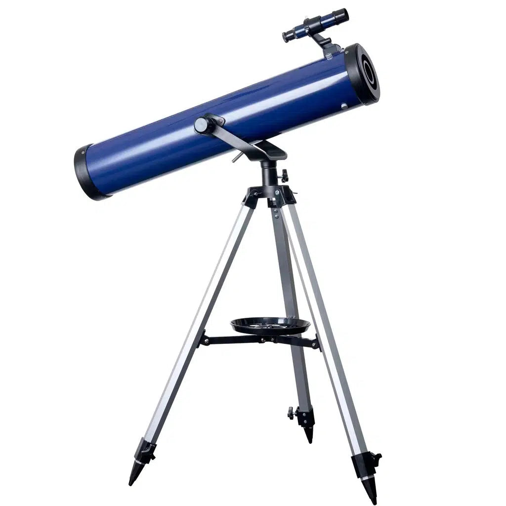 image shows the telescope set up, its a giant blue cylinder that helps look up at space
